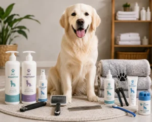 Happy clean dog with essential pet grooming products and tools