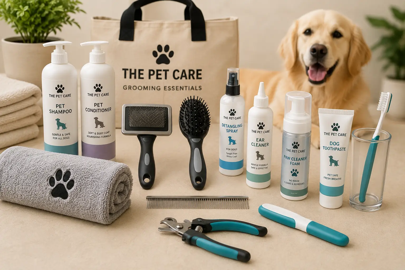 Happy clean dog with essential pet grooming products and tools