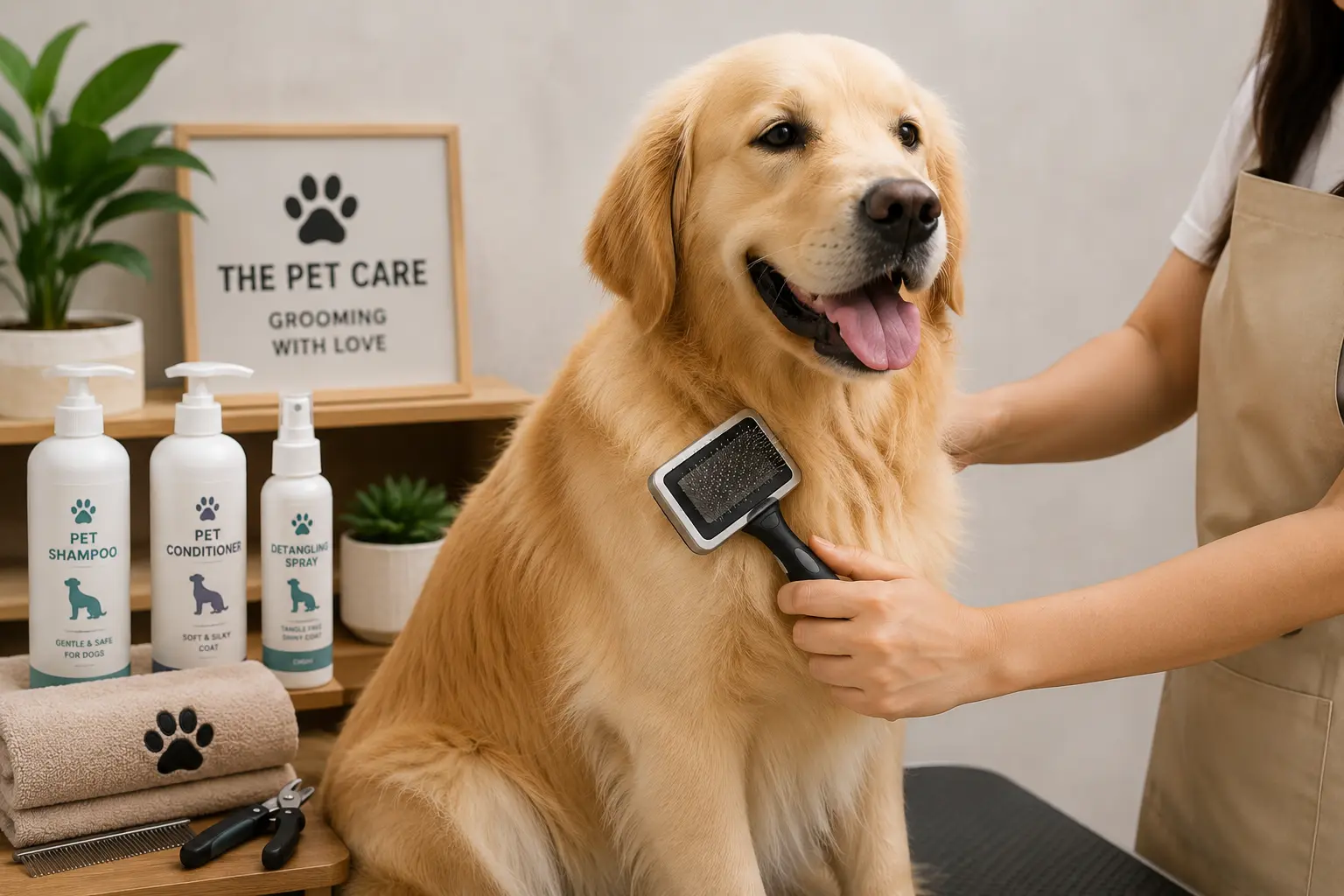 Golden Retriever being gently brushed before bathing