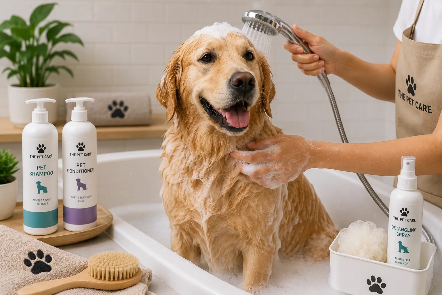 Golden Retriever getting a comfortable bath with dog shampoo