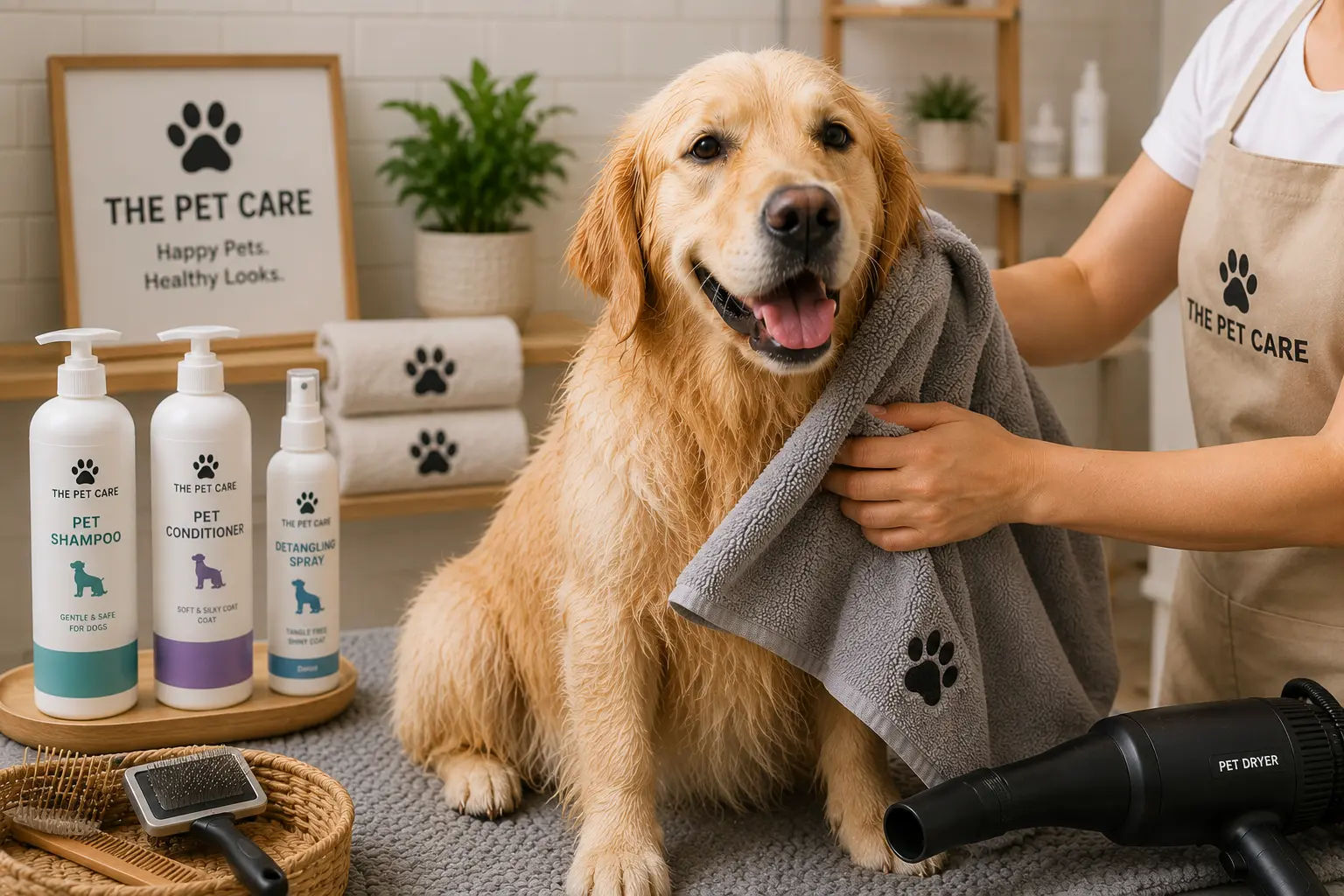 Golden Retriever being dried gently with a microfiber pet towel