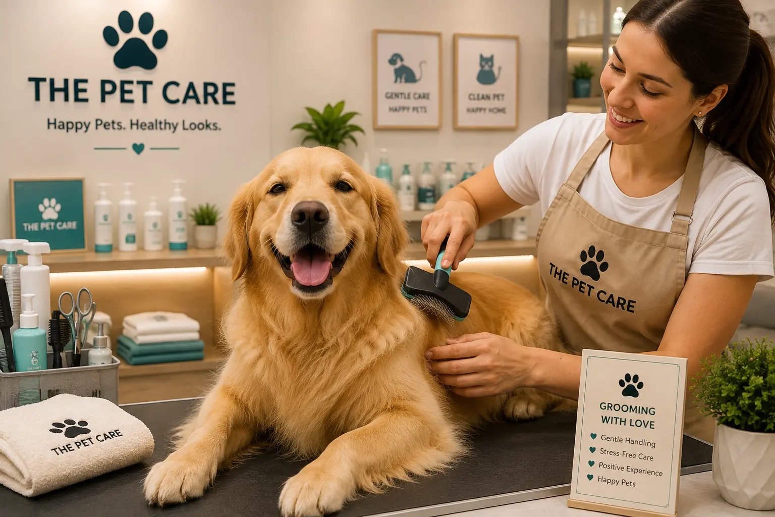 Happy clean dog with essential pet grooming products and tools Essential dog grooming products and tools for home grooming